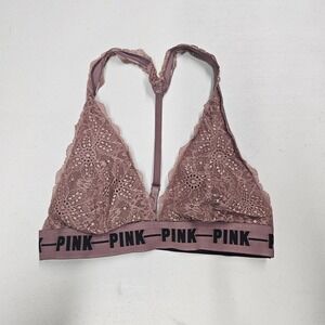 PINK Women Bra Medium Mauve Floral Adjustable Bralette Wireless Lace Pullover